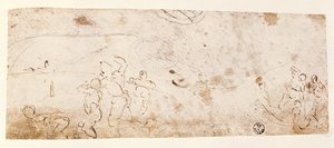 システィーナ礼拝堂の天井（1508-12）：「洪水」の図のスケッチ（ペンと茶色のインク）
